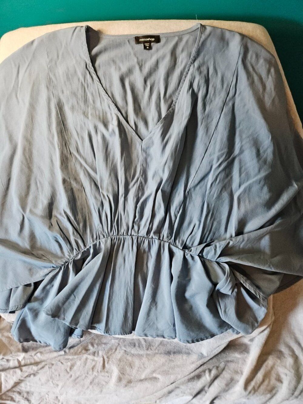 Mittoshop Slate Blue V-Neck Cinched Peplum Dolman Sleeve Blouse - Medium